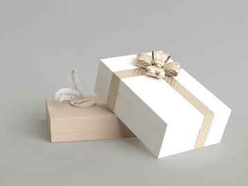 Two elegantly wrapped gift boxes with decorative bows.
