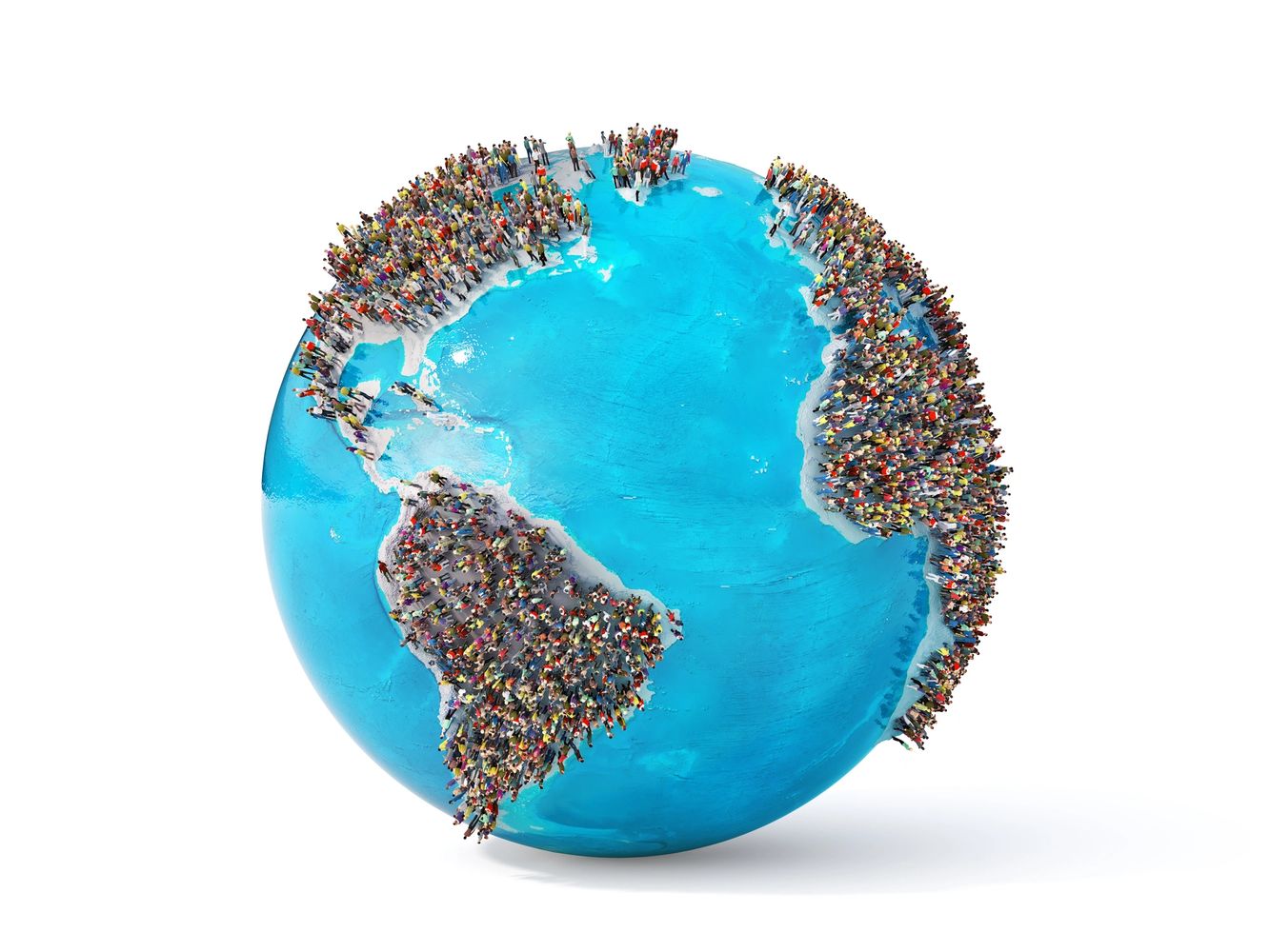 Crowds of people densely populate the continents on a blue Earth globe.