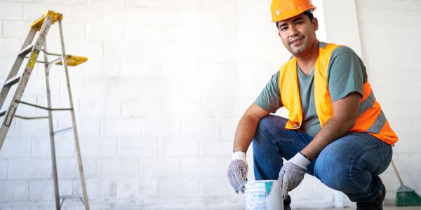 Construction worker squatting with paint supplies.