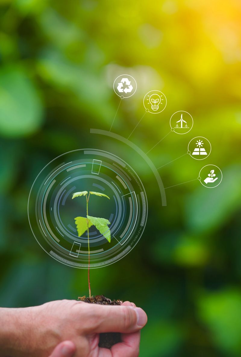 Hands holding a seedling, modern agriculture with technology and ecology concept