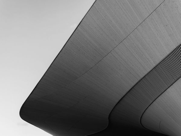 Curved wooden architectural ceiling against a clear sky.