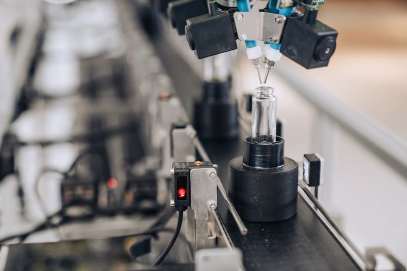 A perfume machinery manufacturing and filling bottles in a factory