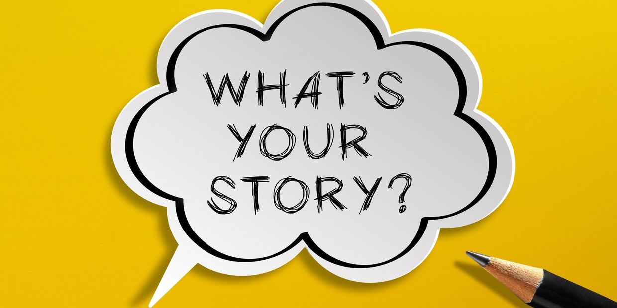 Speech bubble asking, "What's your story?" with pencil on yellow background.
