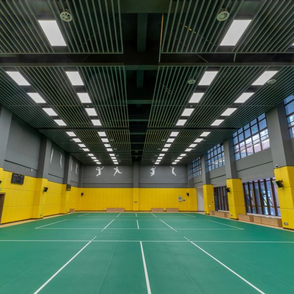 Empty indoor badminton court with yellow walls and large windows.