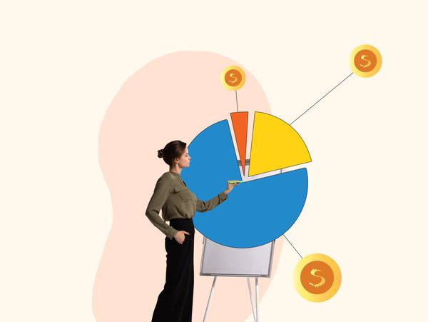 A woman presenting financial data with a colorful pie chart and dollar icons.