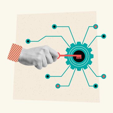 Hand holding a key unlocking a gear mechanism with connecting nodes.