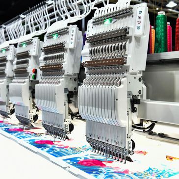 Embroidery machines stitching colorful fabric designs.