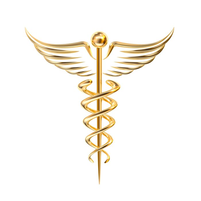 Golden caduceus symbol with wings and intertwined serpents.