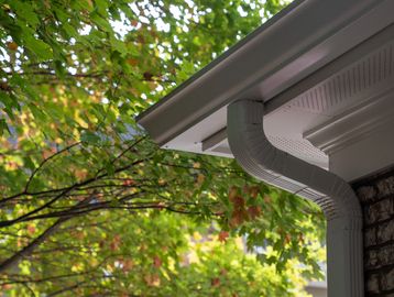 Close-up of a house gutter with autumn leaves in the background.