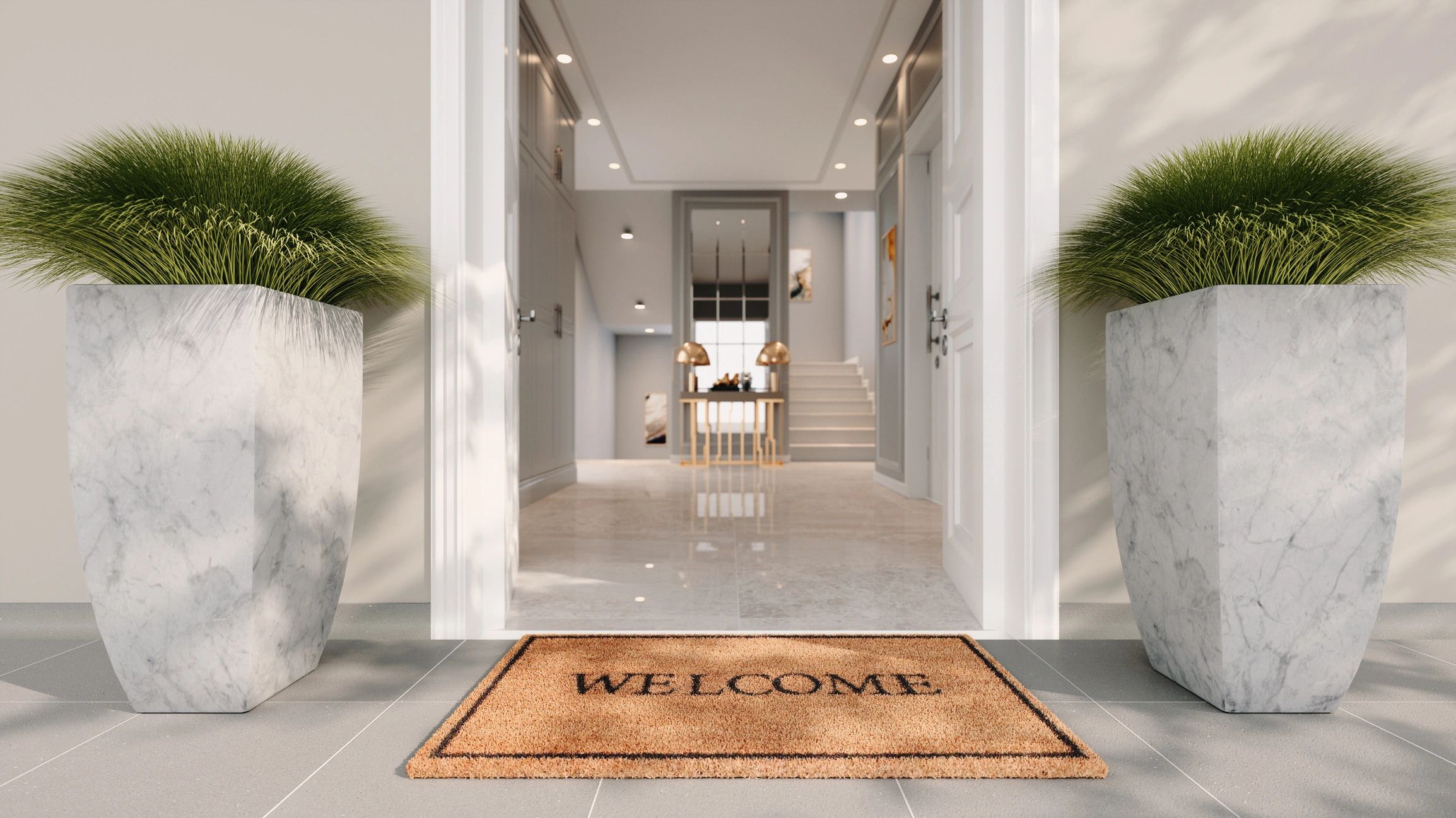welcome door mat in front of house