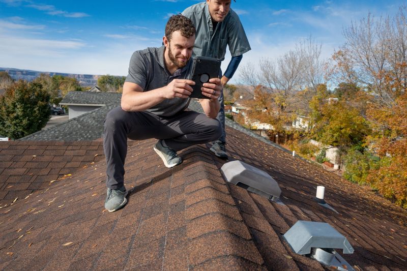 Young Male Residential Inspector on a Roof Photographing Shingles and Vents