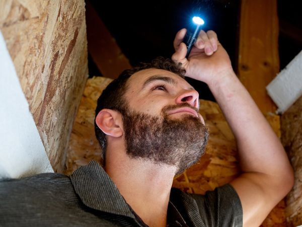 Man inspecting attic with flashlight.