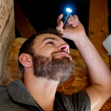 Man inspecting ceiling with a flashlight in a dim space.