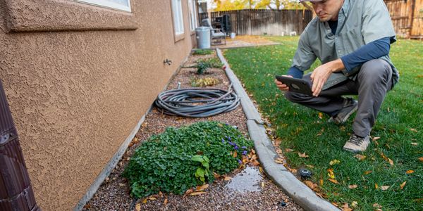 Man inspecting water drainage near a house with a tablet.