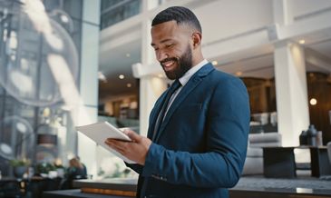 A businessman smiling while using a tablet in a modern office.