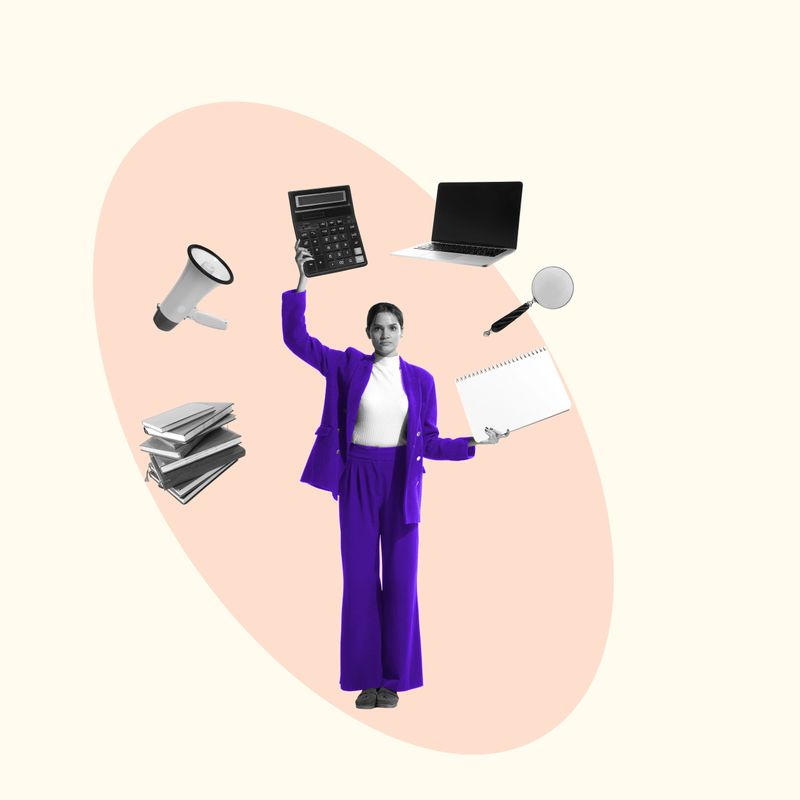 Creative conceptual design. Young woman, employee having different icons above head symbolizing necessary professional skills. Concept of business, education, coaching activity, assistance, growth