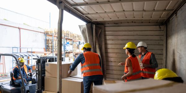 Workers loading boxes into a truck.