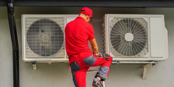 Technician servicing outdoor air conditioning units.