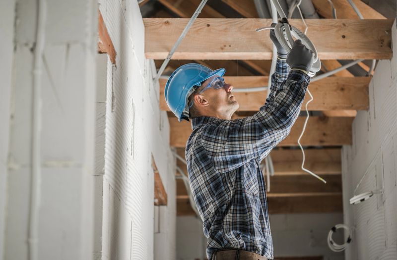 Caucasian Professional Electrician in His 40s Installing Ceiling Light Point Inside Newly Developed Concrete Brick House with Wooden Beams Roof Structure.