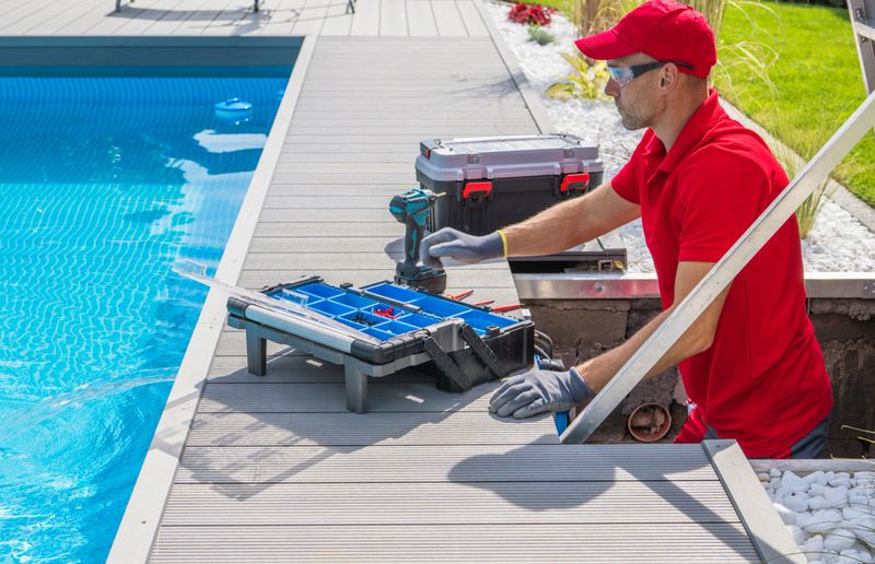 Outdoor Swimming Pool Heating and Filtering System Maintenance Performed by Caucasian Middle Aged Technician. Open Toolbox and Electric Drill Driver on the Floor in Front of Him.
