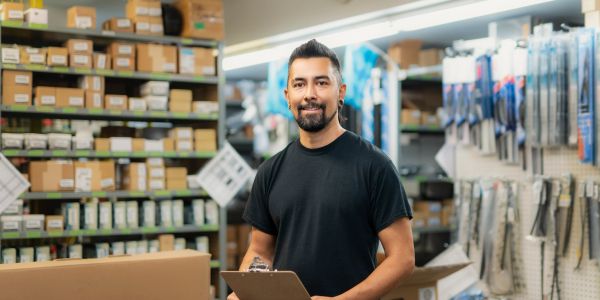 Man holding clipboard in a warehouse store.