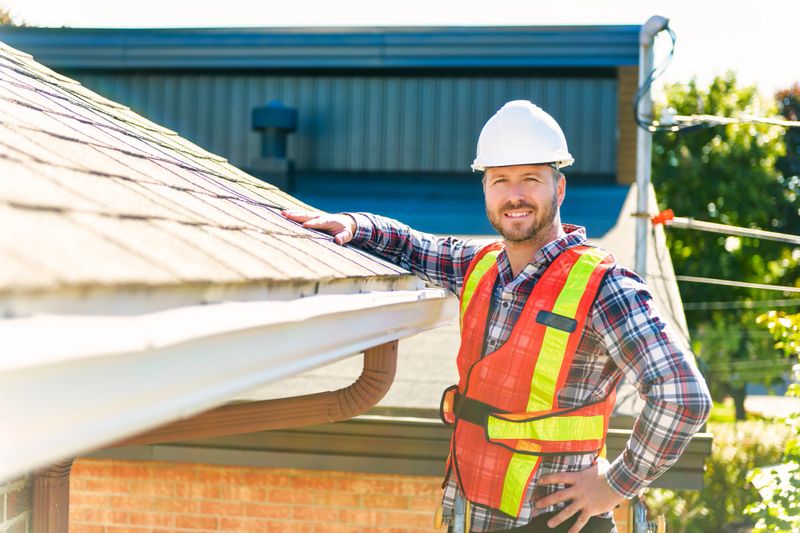 A man with hard hat standing on steps inspecting house roof