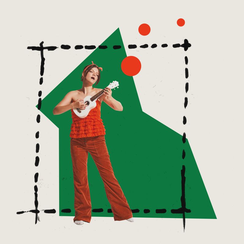 Musician. Stylish emotional young woman playing ukulele guitar over abstract colorful background. Collage or design in magazine style. Art, creativity, classic music, lifestyle, retro style concept