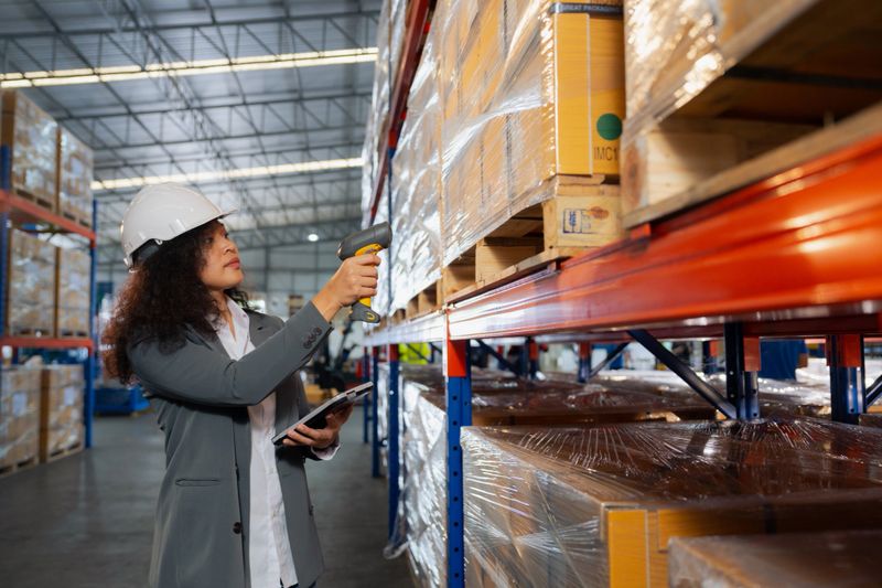 Asian Woman worker working uses a barcode reader to scan a product inside boxes on a shelf rack to receive into an inventory system.
