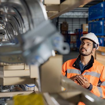 Engineer inspects machinery in industrial facility wearing safety gear.