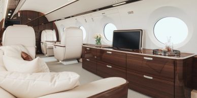 Luxurious interior of a private jet with comfortable seating and wooden cabinets.