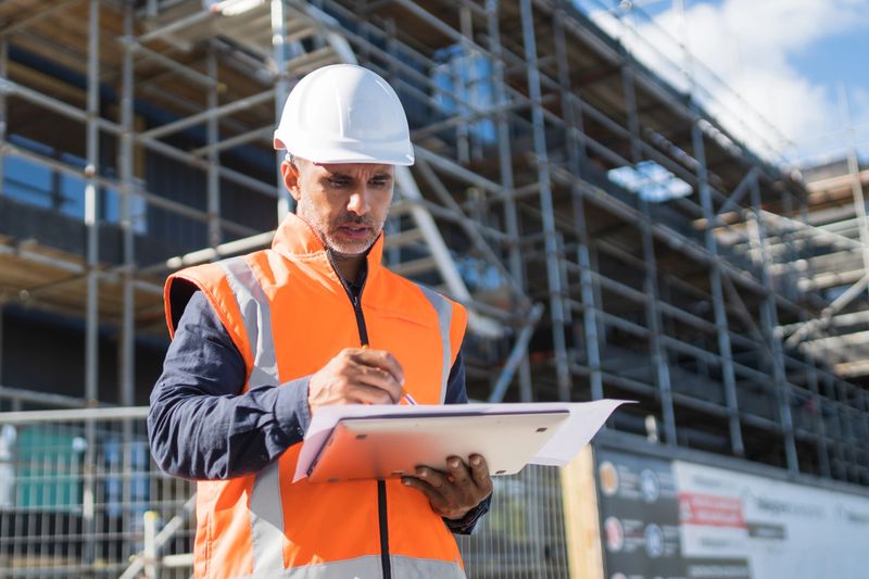 Construction worker wearing protection helmet using digital tablet at construction site.