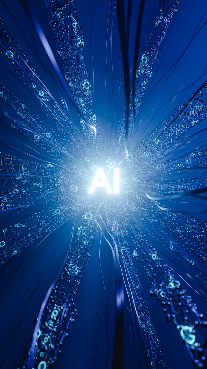 3D illustration of high tech wires connected to glowing AI inscription against blue background