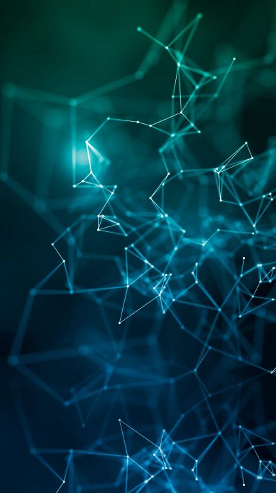 Abstract network of glowing connected nodes on a dark background.