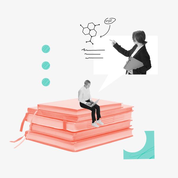 A man studying on a stack of books with a woman explaining a chemical structure in a speech bubble.