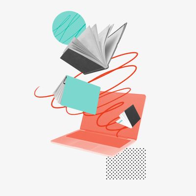 Floating books and a laptop with colorful abstract shapes.