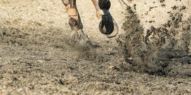 Close-up of a horse's hooves kicking up dirt while running.