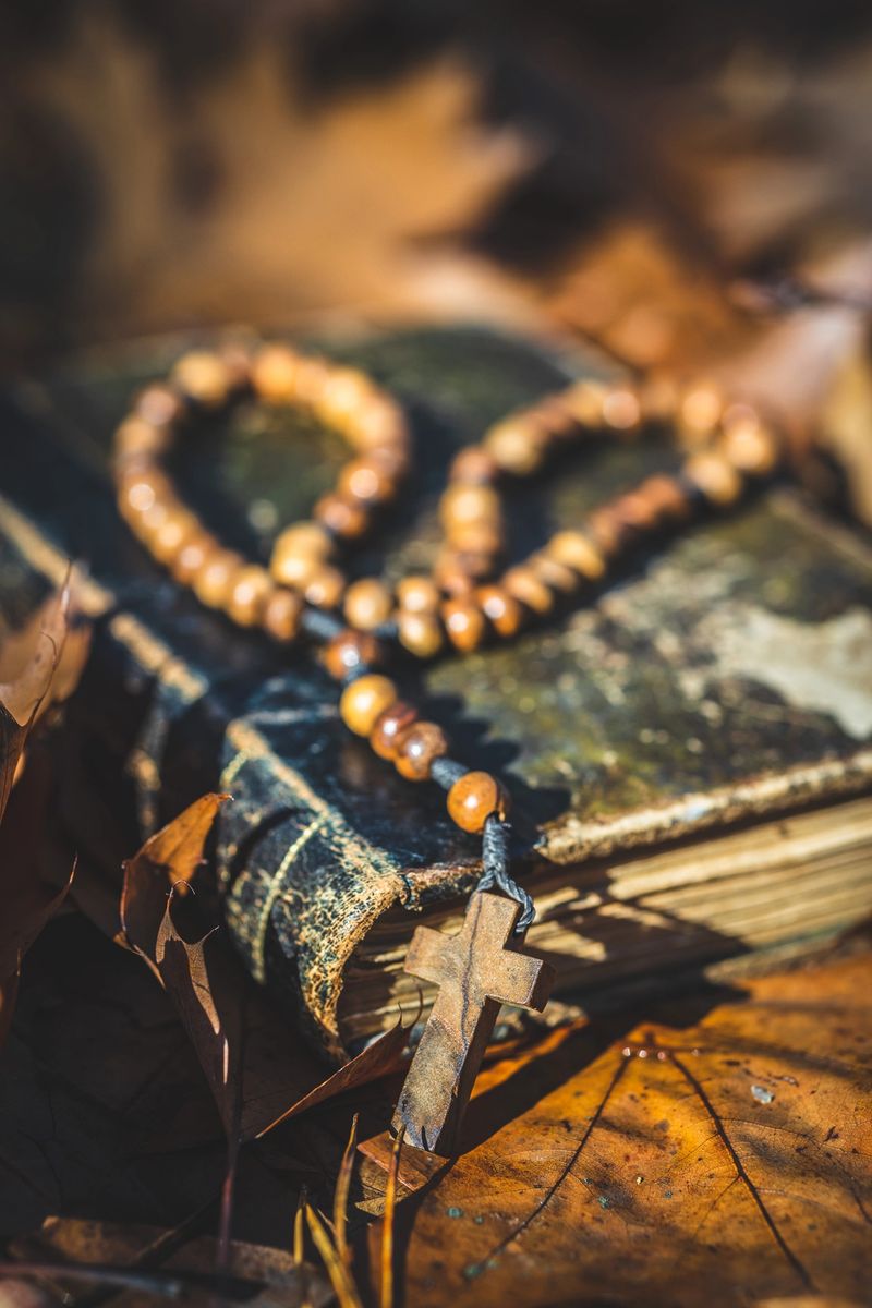 Wooden rosary beads and holy bible book lying on the autumn leaves.