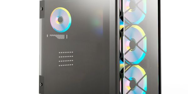 Sleek computer tower with RGB-lit cooling fans.