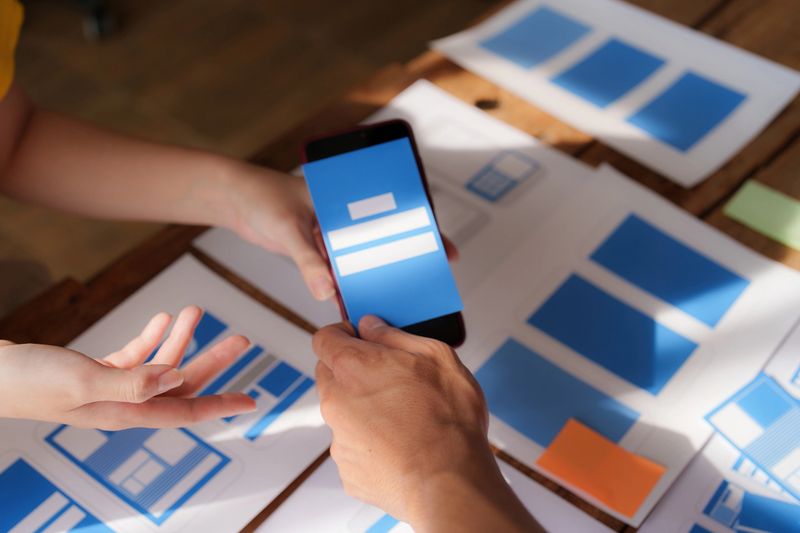 Group of ux developer and ui designer brainstorming about app interface design at modern office. Creative digital development agency.