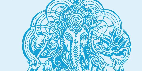 Intricate blue illustration of Lord Ganesha with detailed patterns on a light background.