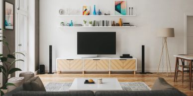 Modern living room with TV and stylish decor.