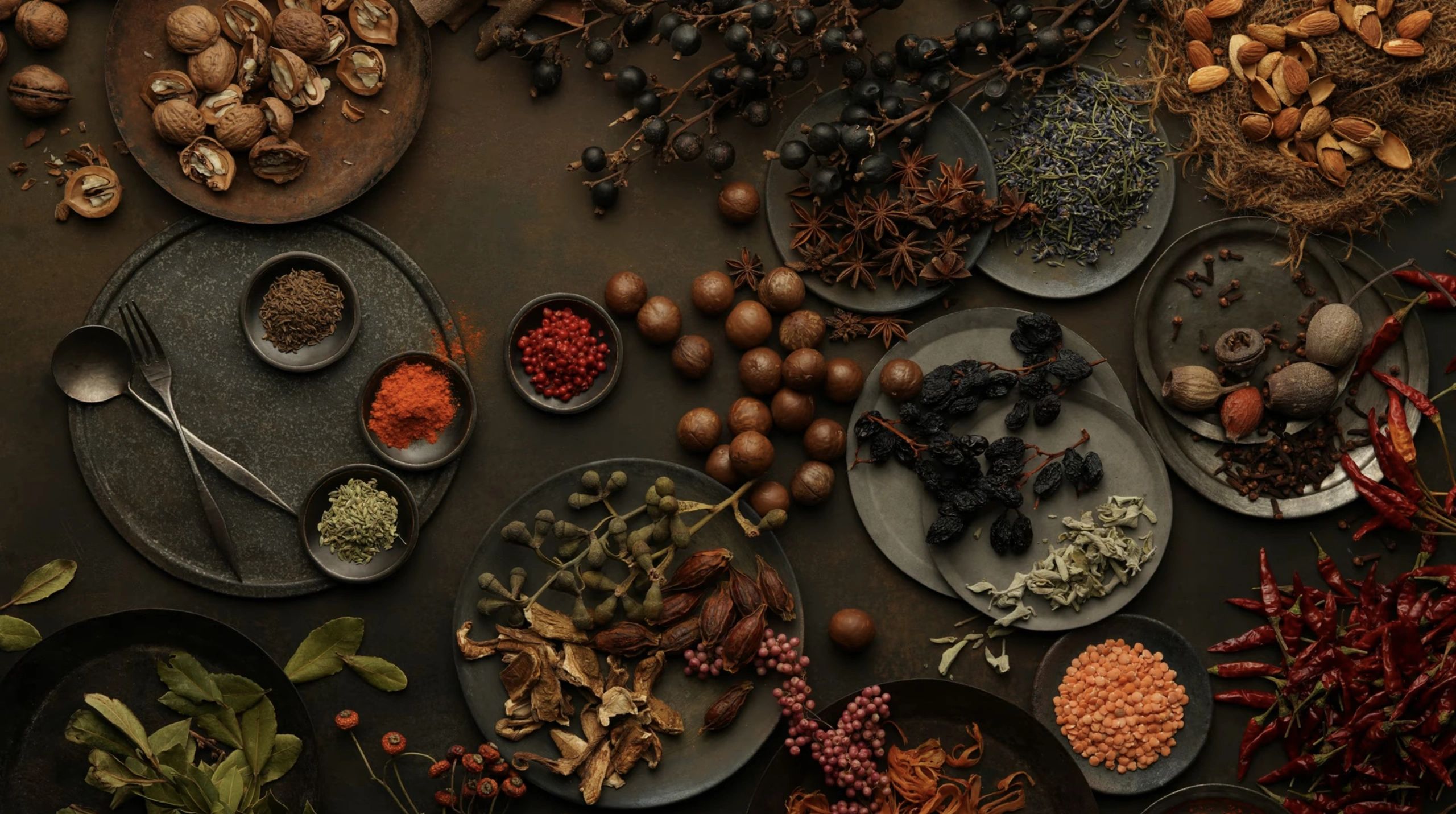 A rustic arrangement of various spices, nuts, and dried herbs on dark plates.
