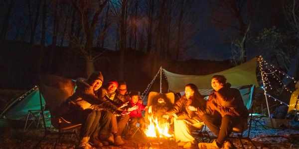 Group enjoying camping at night in a forest setting.