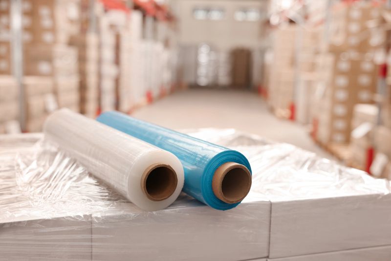 Rolls of different stretch wraps on boxes in warehouse