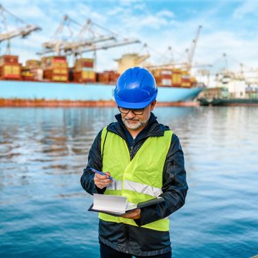 A dock worker in safety gear checks documents near a cargo ship at the port.