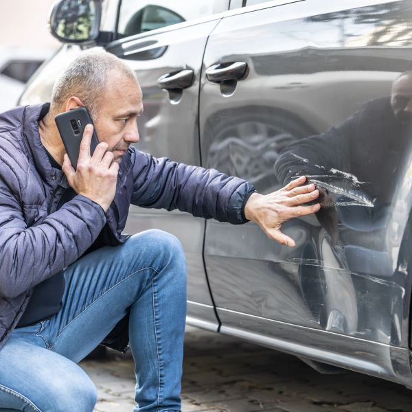 Man inspecting car damage while on phone.