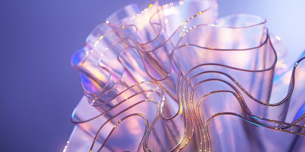 Abstract glass-like swirling structure with glowing lights.