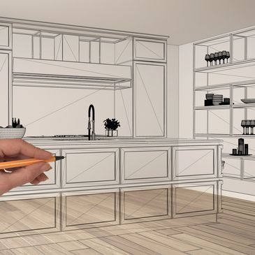 Hand sketching a modern kitchen design overlay on a real floor.