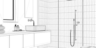 Minimalist bathroom design sketch with sink and shower for marysville, Wa bathroom.