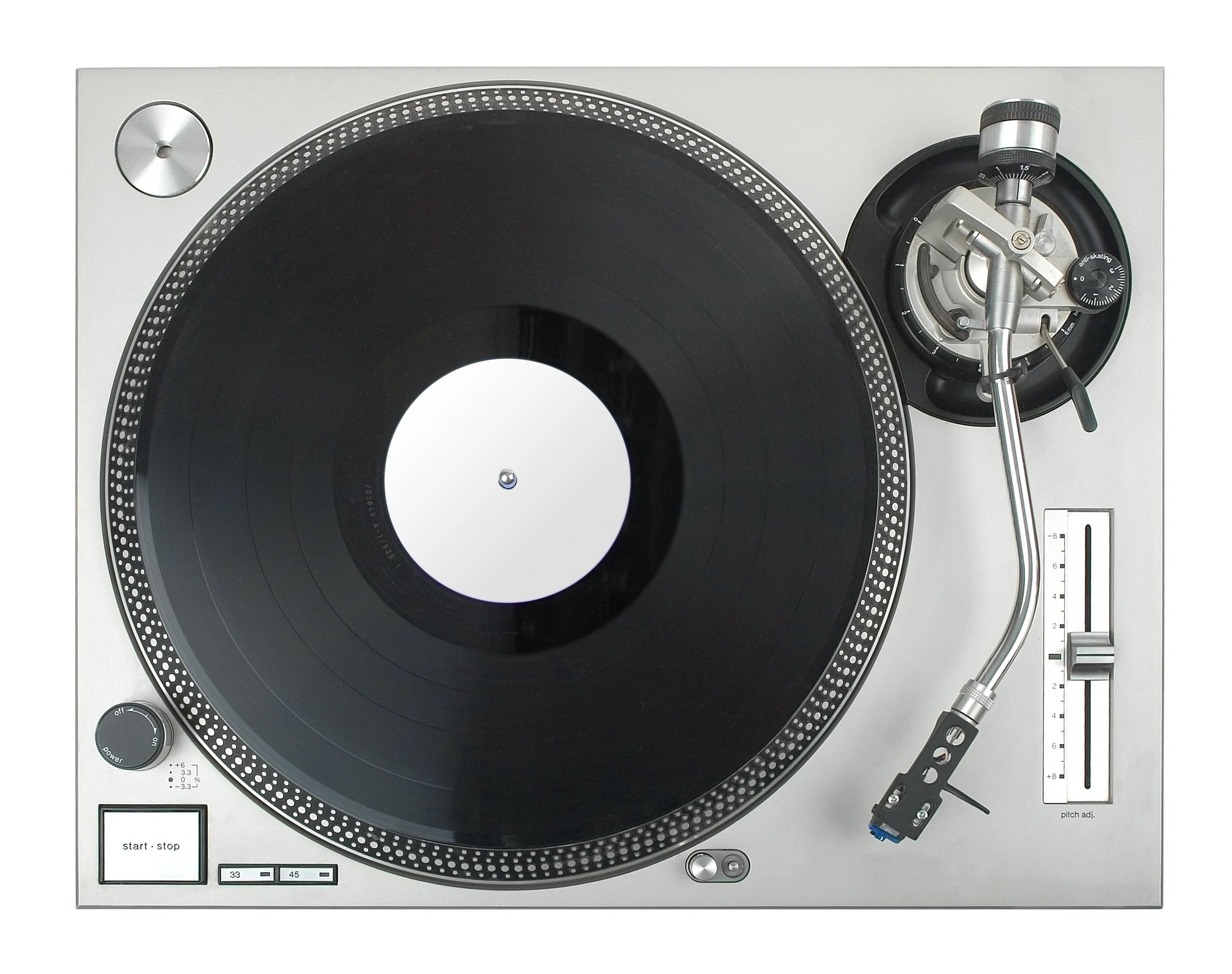Top view of a vinyl record player with a black record.